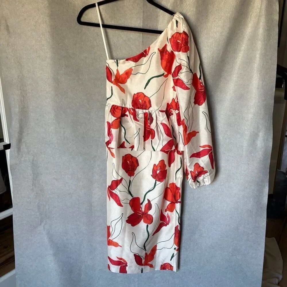 Anthropologie Hutch One-Shoulder Peplum Dress Size 0 Floral Red and White - Picture 4 of 13
